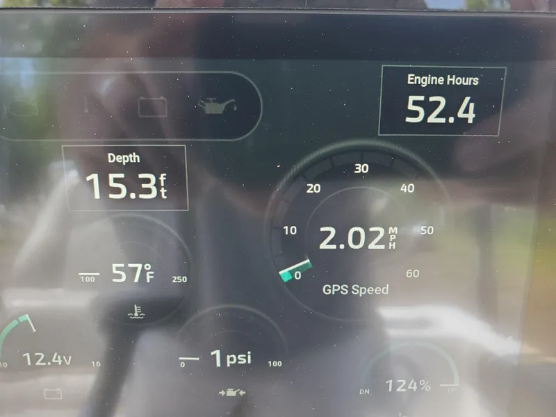Slide: The Image of Dashboard of 2022 Sportsman Open 212 Center Console showing depth, speed, and engine hours. - 10