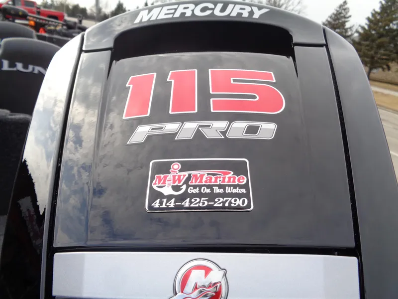 Slide: The Image of Mercury 115 Pro engine on 2025 Lund 1775 Adventure SS boat, M-W Marine sticker visible. - 12