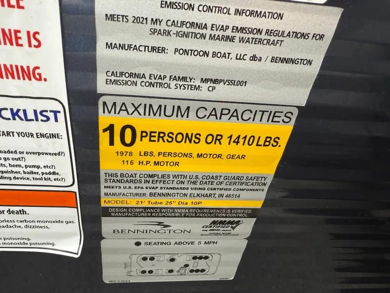 Slide: The Image of 2021 Bennington 22 SSR capacity label: 10 persons or 1410 lbs, 116 HP motor. - 17