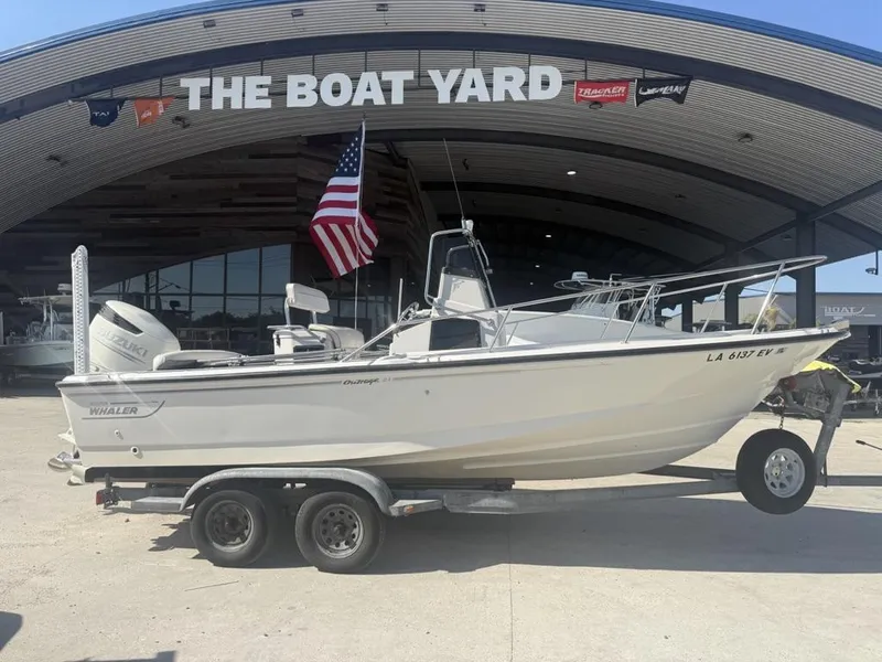 Slide: The Image of 1996 Boston Whaler 21 Outrage boat on trailer at The Boat Yard. - 5
