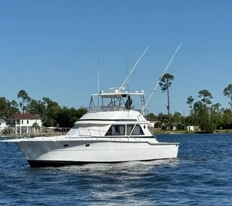 Slide: The Image of 1989 Ricker 48 Convertible yacht cruising on a sunny day near the shoreline. - 0