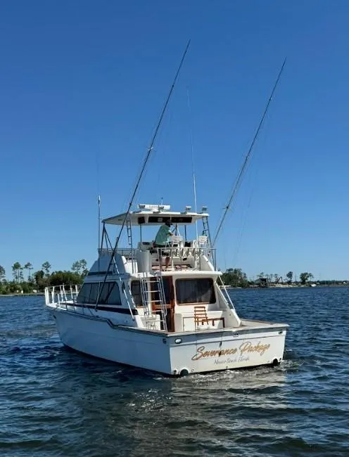 Slide: The Image of 1989 Ricker 48 Convertible yacht on open water, clear sky, rear view. - 27