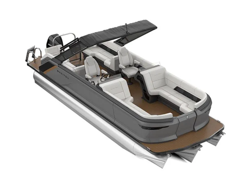 Slide: The Image of 2025 Manitou Explore 24 Navigator pontoon boat with sleek design and spacious seating. - 1
