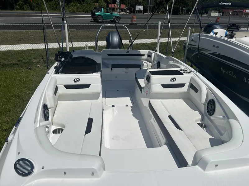 Slide: The Image of 2021 Hurricane SunDeck Sport 185 OB boat interior with spacious seating and modern design. - 9
