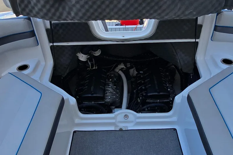 Slide: The Image of 2020 Yamaha AR240 boat engine compartment with dual engines visible. - 15