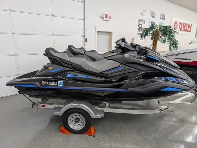Slide: The Image of 2020 Yamaha WaveRunner FX Limited SVHO jet ski on trailer in showroom. - 1