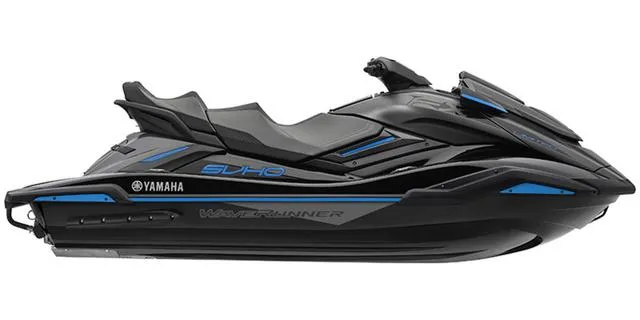 Slide: The Image of 2020 Yamaha WaveRunner FX Limited SVHO, sleek black design with blue accents. - 9