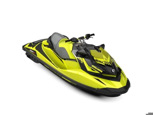 Slide: The Image of 2019 Sea-Doo RXP-X 300 Waverunner in neon yellow and lava grey. - 1