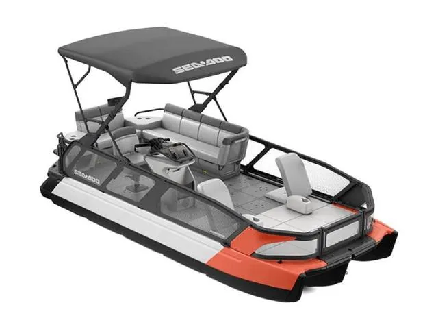 Slide: The Image of 2023 Sea-Doo Switch® Sport 21-230 hp pontoon boat with canopy and seating. - 1
