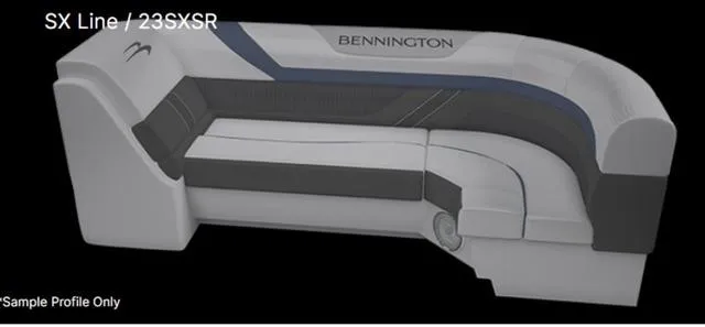 Slide: The Image of 2023 Bennington 23 SXSR boat seating, sleek design with gray and blue accents. - 10
