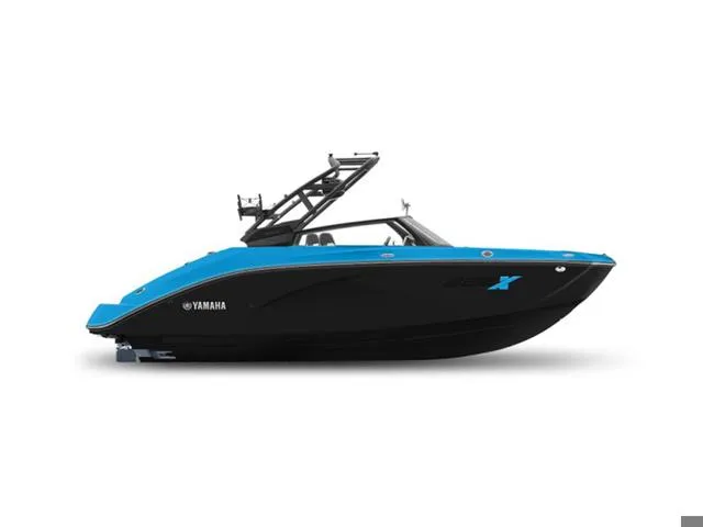 Slide: The Image of 2023 Yamaha Boats 222XD, sleek black and blue design, side view. - 1