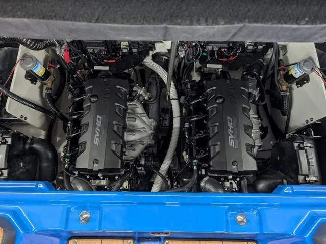 Slide: The Image of 2024 Yamaha Boats 255XD engine compartment with dual SHO engines. - 16