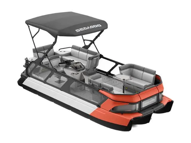Slide: The Image of 2023 Sea-Doo Switch Cruise 21-170 hp pontoon boat with canopy and seating. - 1