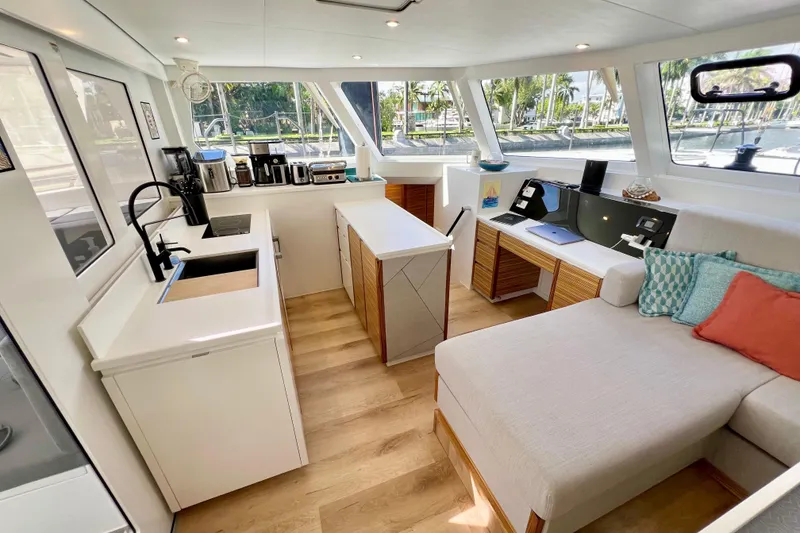 Slide: The Image of Luxurious interior of 2021 Balance 482 yacht with modern seating and control panel. - 42