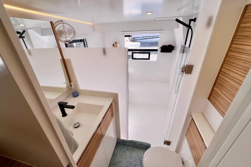 Slide: The Image of Modern interior of 2021 Balance 482 yacht with TV and storage cabinets. - 60