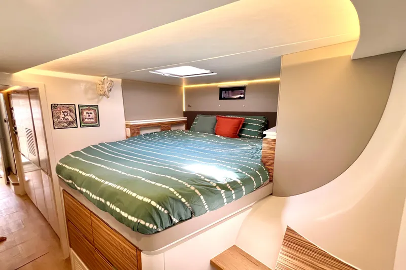 Slide: The Image of Modern interior of Balance 482 yacht, featuring wood paneling and children's artwork. - 69