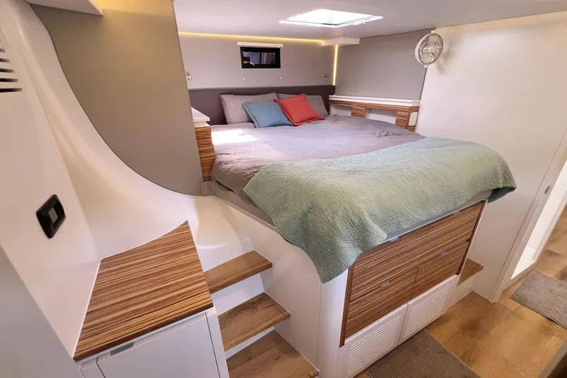 Slide: The Image of Modern yacht interior hallway with wood paneling, Balance 482 model, 2021. - 86