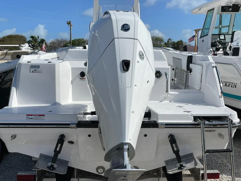 Slide: The Image of 2025 Blackfin 222CC boat rear view with outboard motor and ladder. - 23