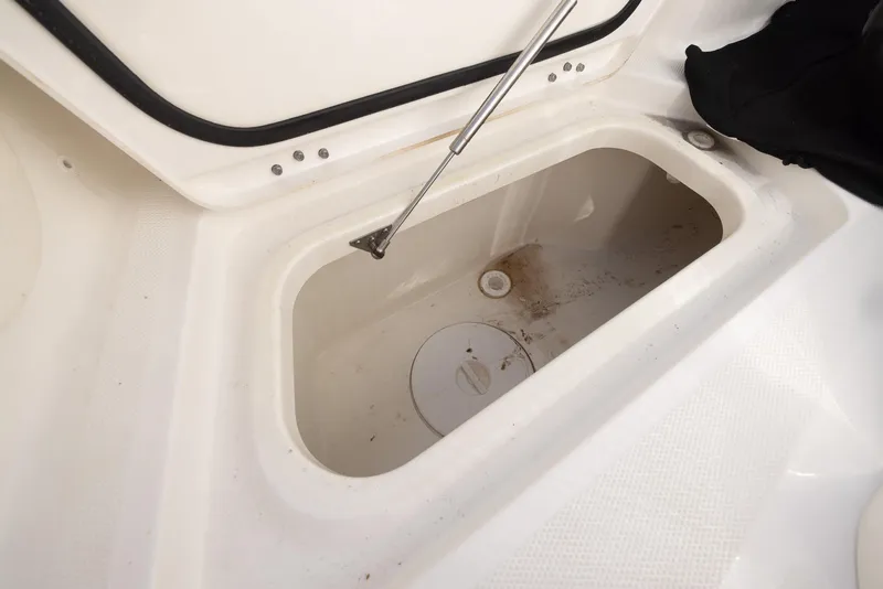 Slide: The Image of 2024 World Cat 260CC storage compartment with open lid and hydraulic support. - 28