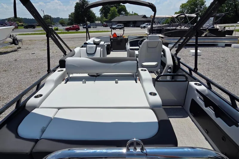 Slide: The Image of 2025 Avalon Platinum LSZ 2585 Versatile Rear Bench boat with luxurious seating and modern design. - 8