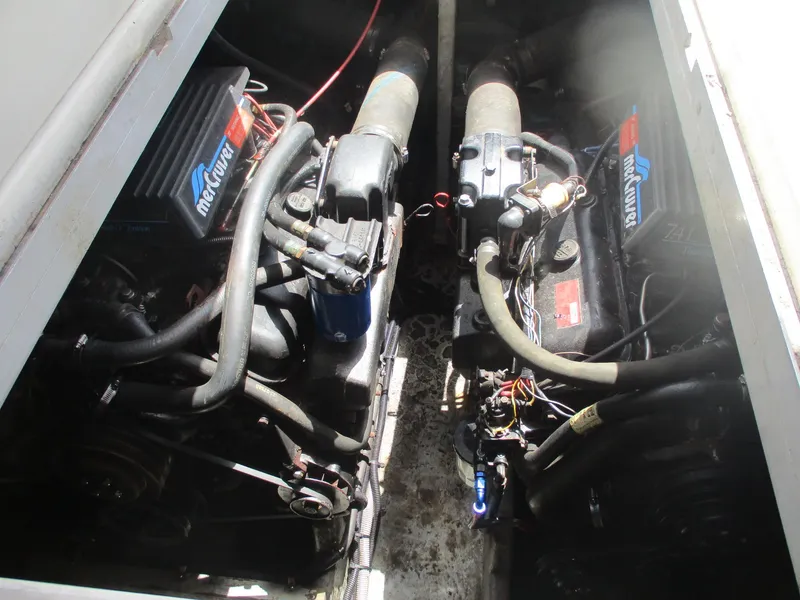 Slide: The Image of Engine compartment of a 1991 Sea Ray 350 Express Cruiser with twin MerCruiser engines. - 36