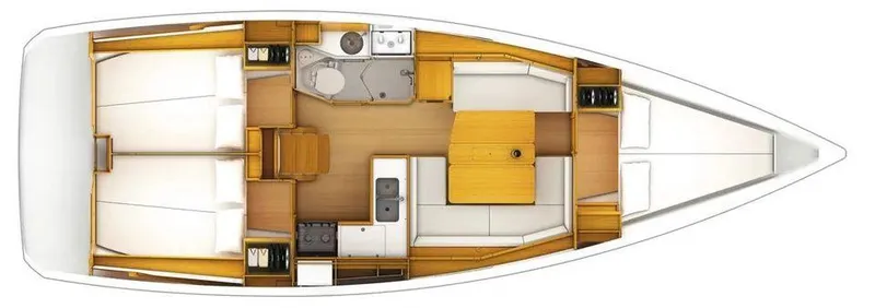 Slide: The Image of Interior layout of 2020 Jeanneau Sun Odyssey 389 sailboat, featuring cabins, kitchen, and bathroom. - 15