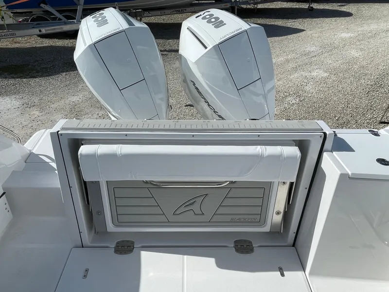 Slide: The Image of 2025 Blackfin 252CC boat with dual outboard engines, rear seating, and sleek design. - 24