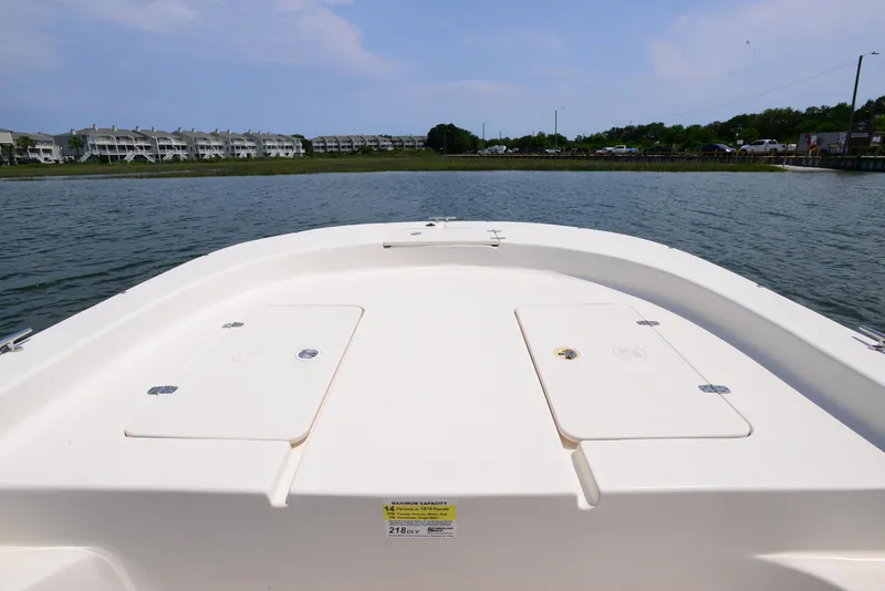 Slide: The Image of 2018 Carolina Skiff 218 DLV boat on calm water with scenic shoreline view. - 10