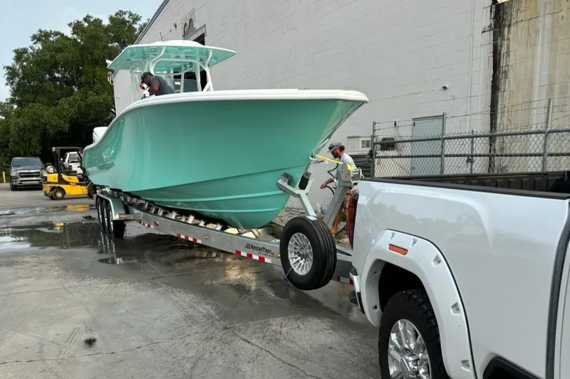 Slide: The Image of 2024 Yellowfin 36 Offshore boat on trailer, ready for transport. - 3