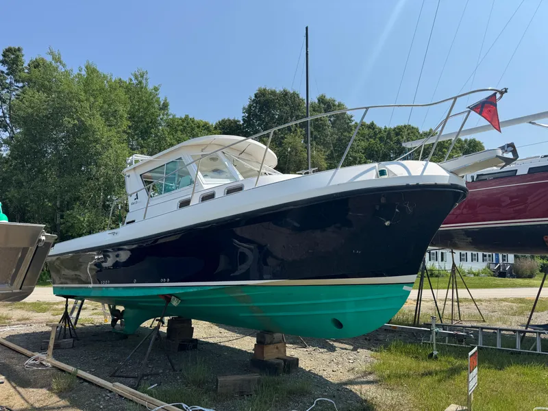 Slide: The Image of 2003 Albin 28 TE Flush Deck boat on land, surrounded by trees and other boats. - 0
