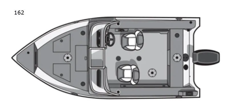 Slide: The Image of Top view of 2019 PRO ANGLER 162 fishing boat layout with seating and storage. - 2