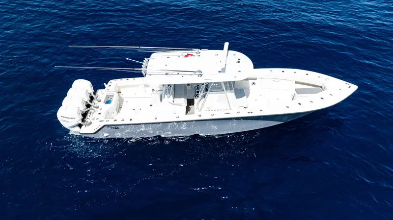 Slide: The Image of 2019 SeaVee 390Z boat on open ocean, aerial view. - 45