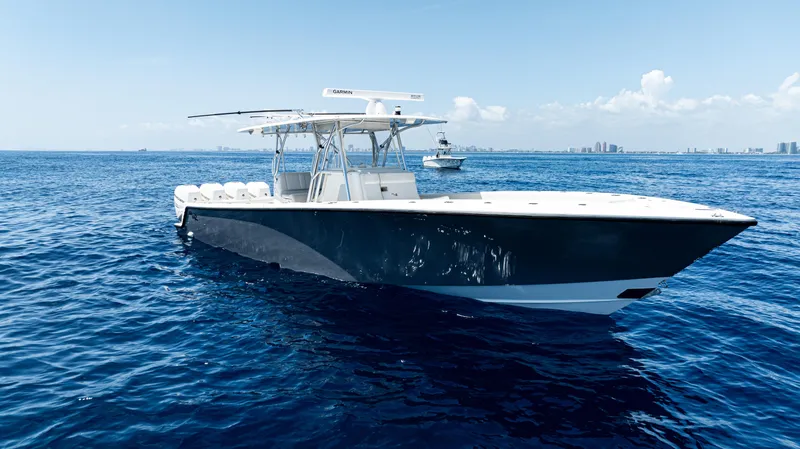 Slide: The Image of Aerial view of 2019 SeaVee 390Z boat on deep blue ocean. - 5