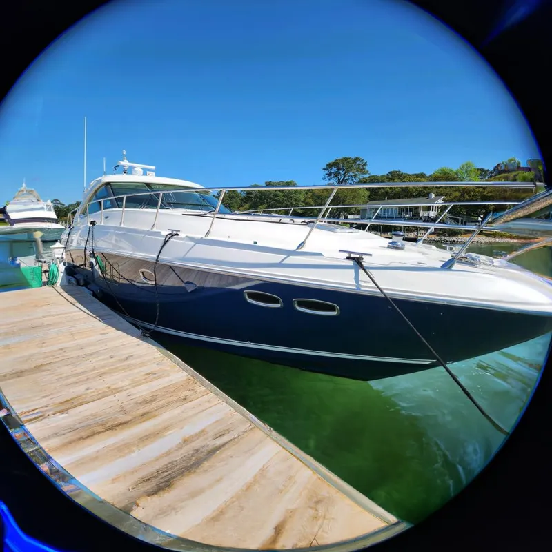 Slide: The Image of 2011 Sea Ray 540 Sundancer yacht docked at marina under clear blue sky. - 3