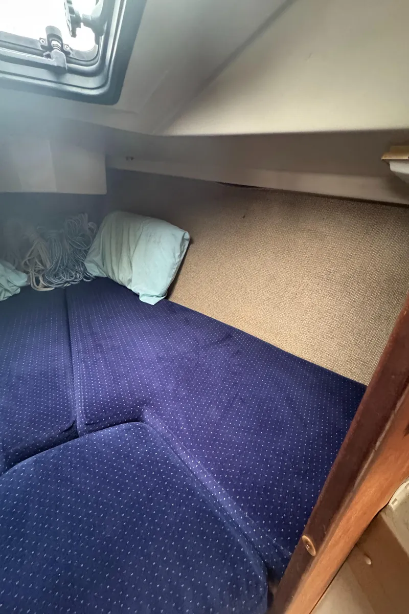Slide: The Image of Interior cabin of a 1985 O'Day Sloop with blue bedding and a window. - 19