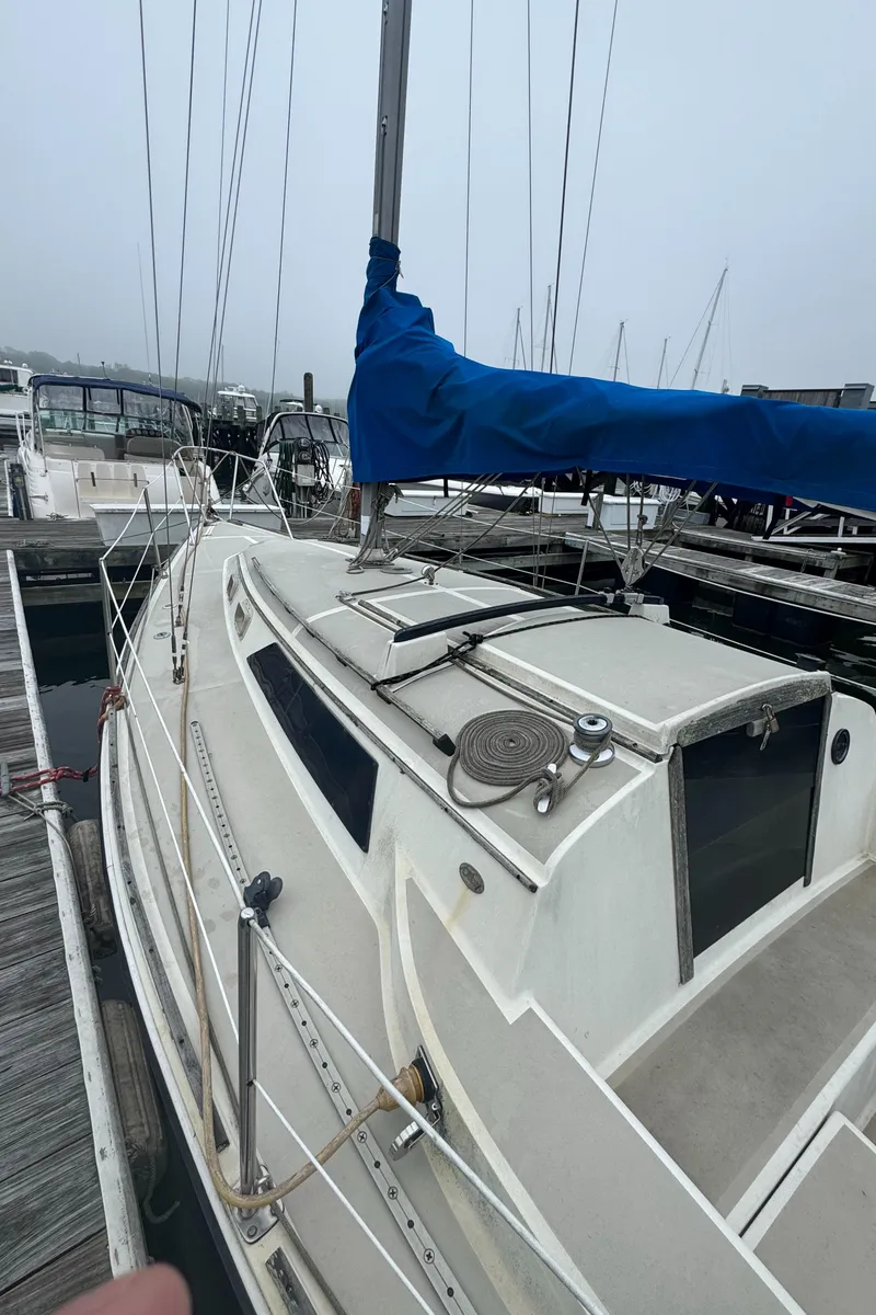 Slide: The Image of 1985 O'Day Sloop sailboat docked with blue sail cover. - 3