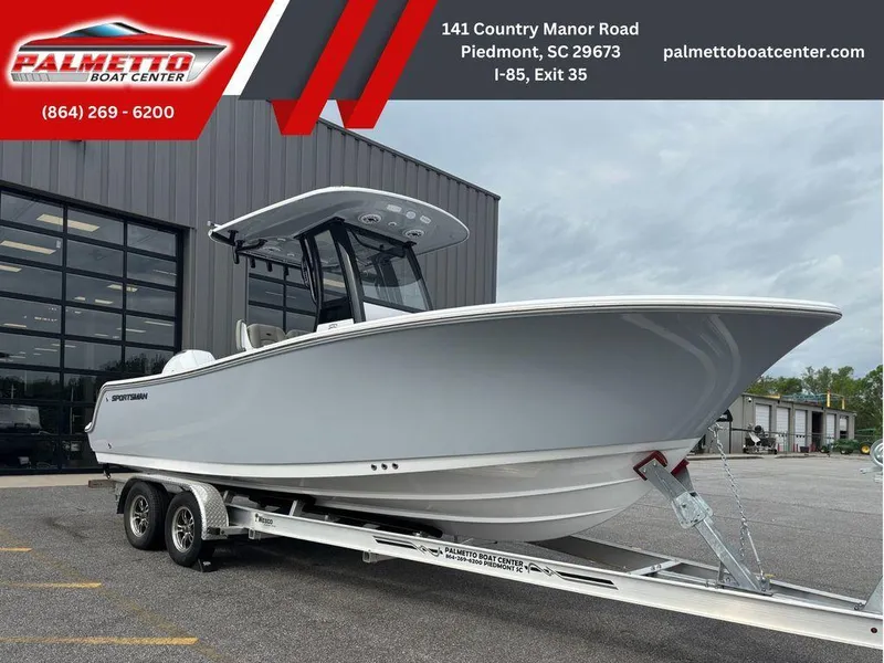 Slide: The Image of 2025 Sportsman Open 232 boat on trailer at Palmetto Boat Center, Piedmont, SC. - 3