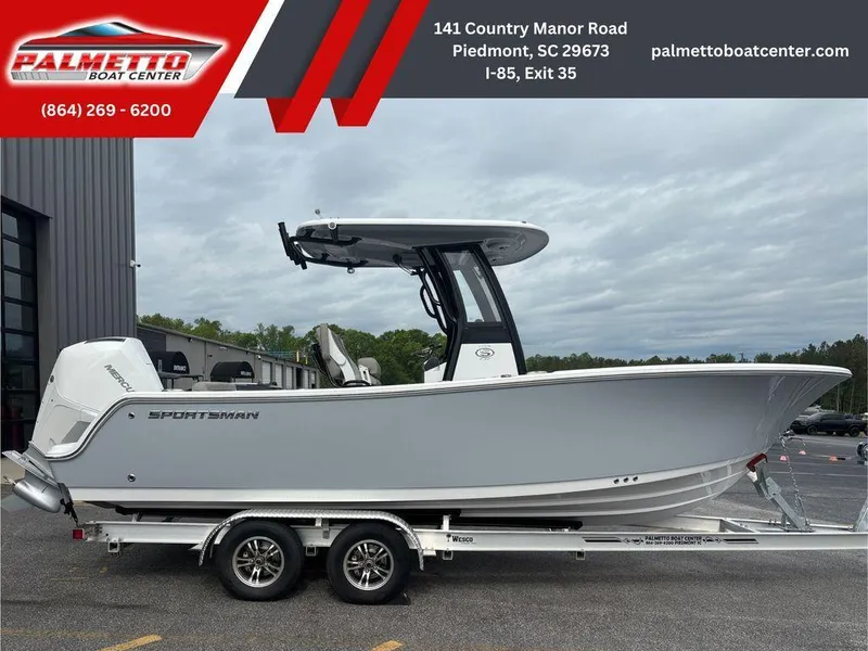 Slide: The Image of 2025 Sportsman Open 232 boat on trailer at Palmetto Boat Center, Piedmont, SC. - 4