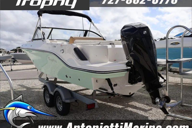 The Image of 2025 Trophy T22 SC boat on trailer at Antonietti Marine dealership. - 0
