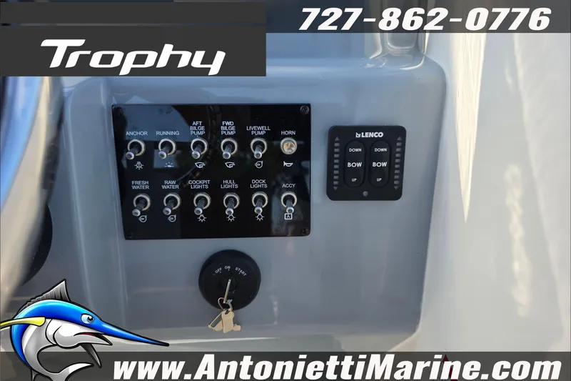 Slide: The Image of 2025 Trophy T22 SC boat interior with tan seating, Antonietti Marine branding. - 19