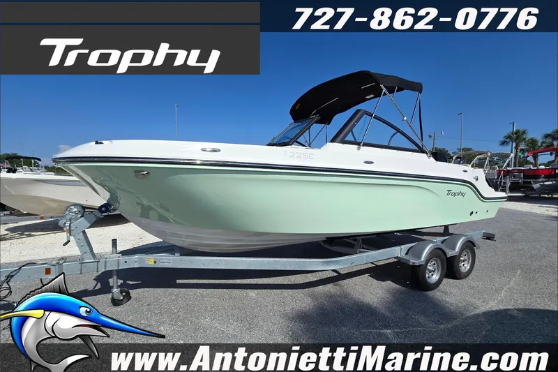 Slide: The Image of 2025 Trophy T22 SC boat interior with seating, speaker, and contact details for Antonietti Marine. - 23