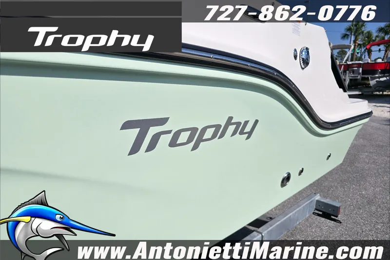 Slide: The Image of 2025 Trophy T22 SC boat interior with storage compartment, featuring Antonietti Marine branding. - 27