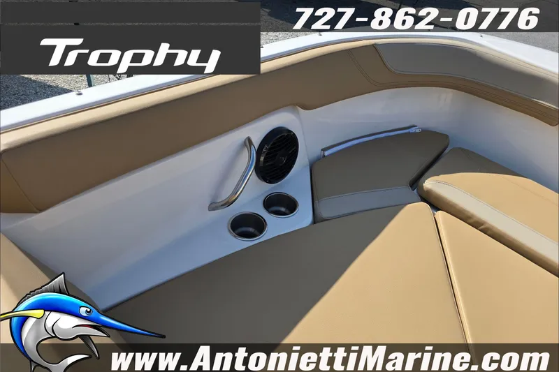 Slide: The Image of 2025 Trophy T22 SC boat interior with storage compartment, Antonietti Marine branding. - 32