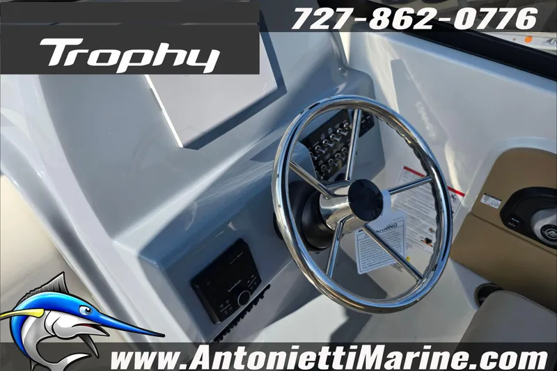 Slide: The Image of 2025 Trophy T22 SC boat interior with beige accents, featuring Antonietti Marine branding. - 52