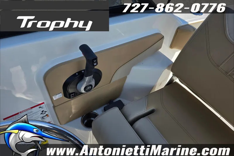 Slide: The Image of 2025 Trophy T22 SC boat interior with seating and speaker, Antonietti Marine branding. - 53