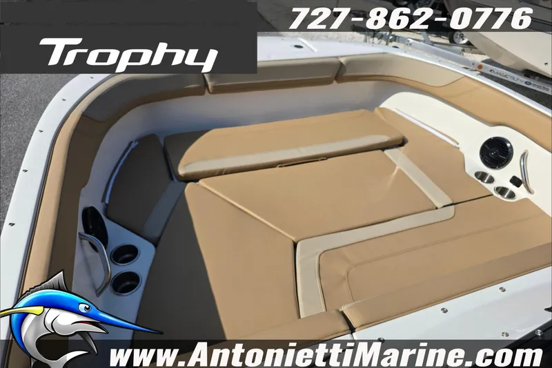 Slide: The Image of 2025 Trophy T22 SC boat interior with contact details and website. - 66