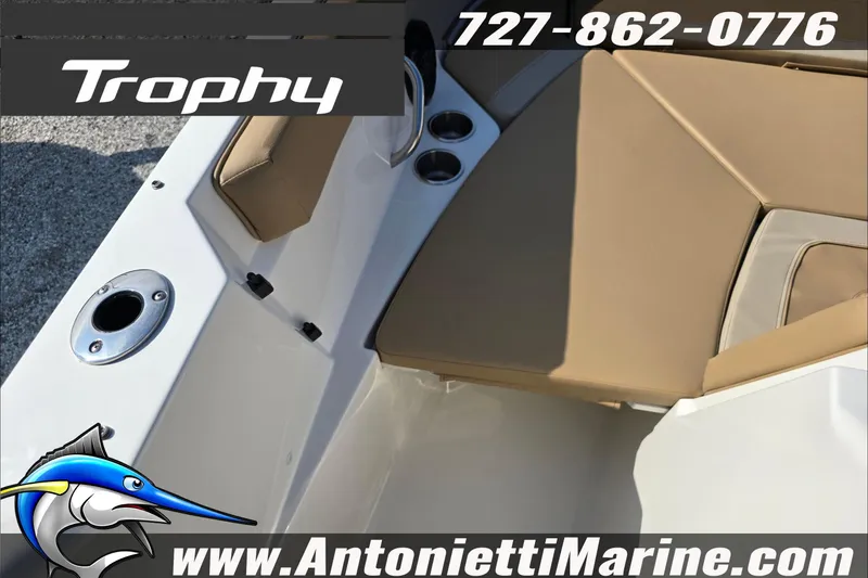 Slide: The Image of 2025 Trophy T22 SC boat detail with chrome cleat, Antonietti Marine branding. - 70