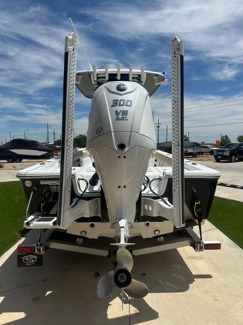 Slide: The Image of 2023 Sportsman Masters 247OE Bay Boat with 300 V6 engine, rear view. - 20