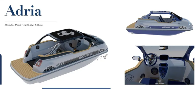 Slide: The Image of 2025 Car Off-shore Fiat 500 Abarth boat, sleek design, blue and white color scheme. - 16