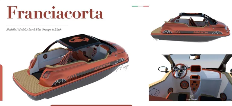 Slide: The Image of 2025 Car Off-shore Fiat 500 Abarth in Abarth Blue, Orange, and Black design. - 18